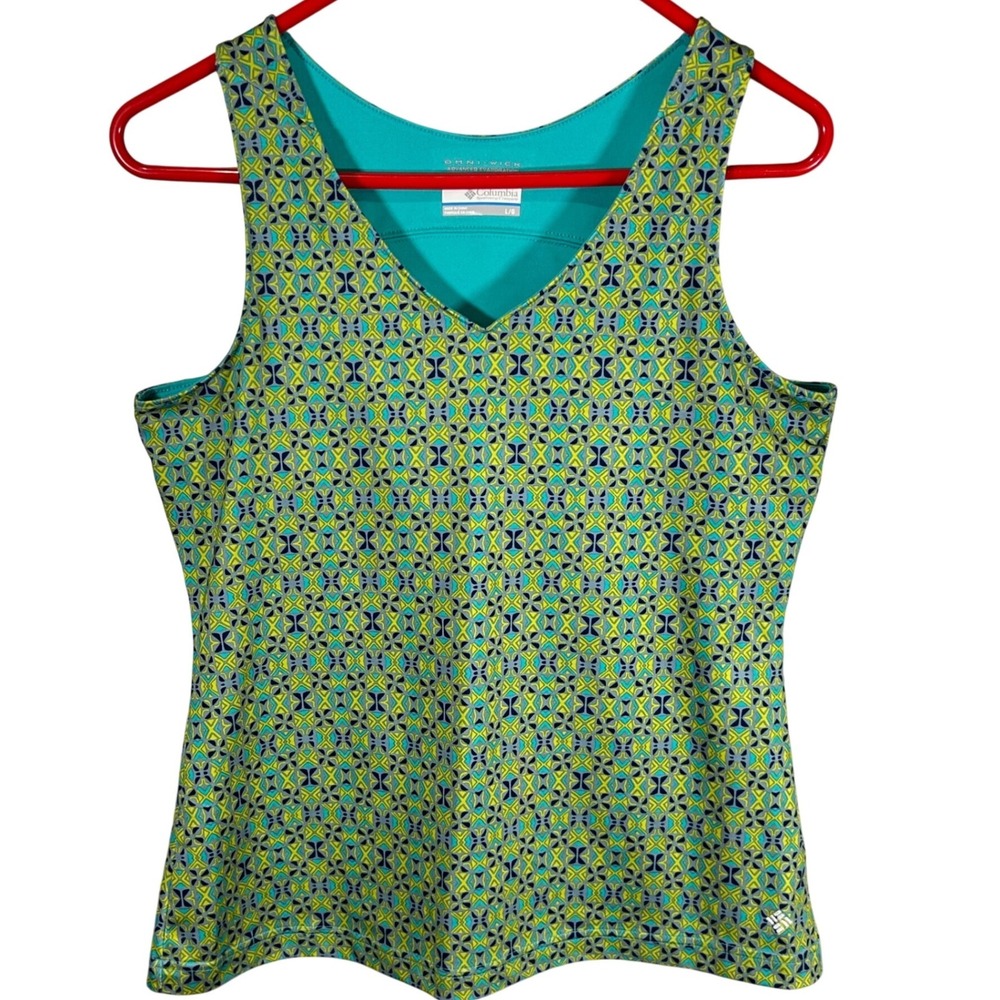 Columbia Omni-Wick Geometric Print Tank Top with Shelf Bra Teal Lime Size Large